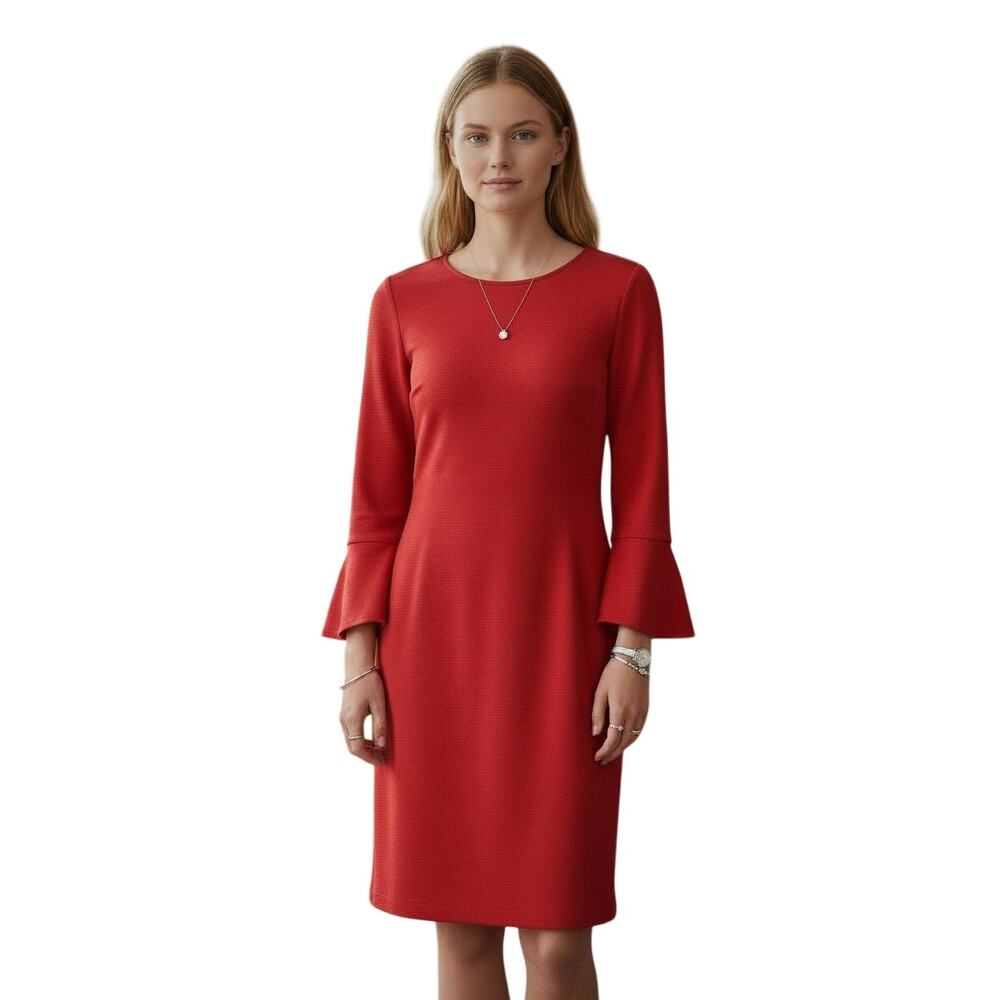 ✨ CHICO’S Red Ponte Bell Sleeve Sheath Dress 1 M Stretch LRD ❤️ - Picture 9 of 9